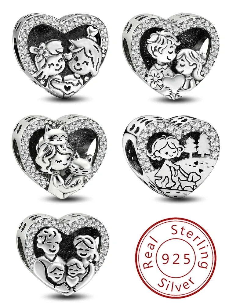 

925 Sterling Silver Sweet Couple Family Girl Dog Love Heart Series Bead Diy Bracelet Making Gift Of High Quality Fine Jewelry