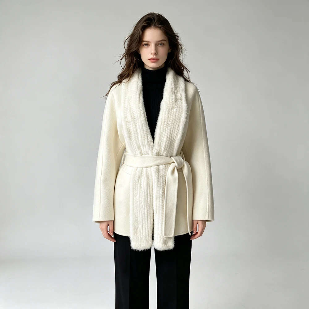 Jaxmonoy Women's Winter Coats with Real Mink Fur 2026 Fall New Arrival Wool Jackets Fashion Office Lady Elegant Belt Trench Coat