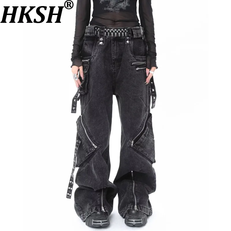 

HKSH Women American Retro Jeans Multi-Pocket Versatile Y2K Streetwear Safari Style Hip Hop Ins Denim Pants Spring Autumn HK20454