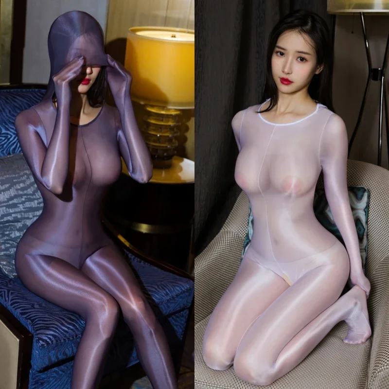 Oil Shiny Transparent Full Body Stockings With Hat Women Sexy Open Crotch Jumpsuit Bodysuit For Sex Nightwear Lingerie