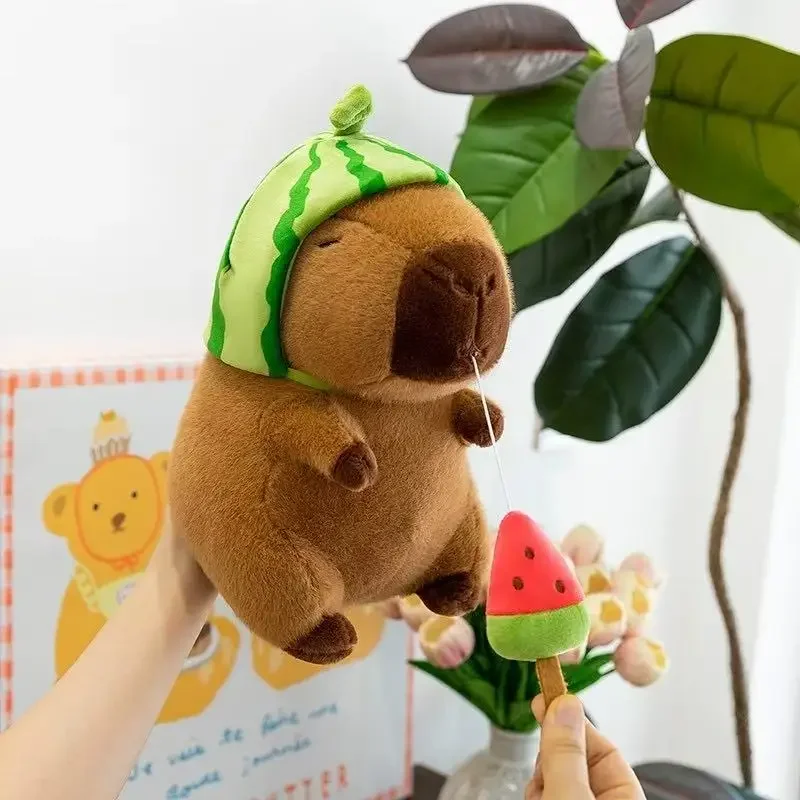 Conjunto de cabeza de sandía, muñecos de peluche de capibara, disfraz de fruta extraíble, muñecas de capibara, regalo de cumpleaños para niños, recuerdos de fiesta navideña