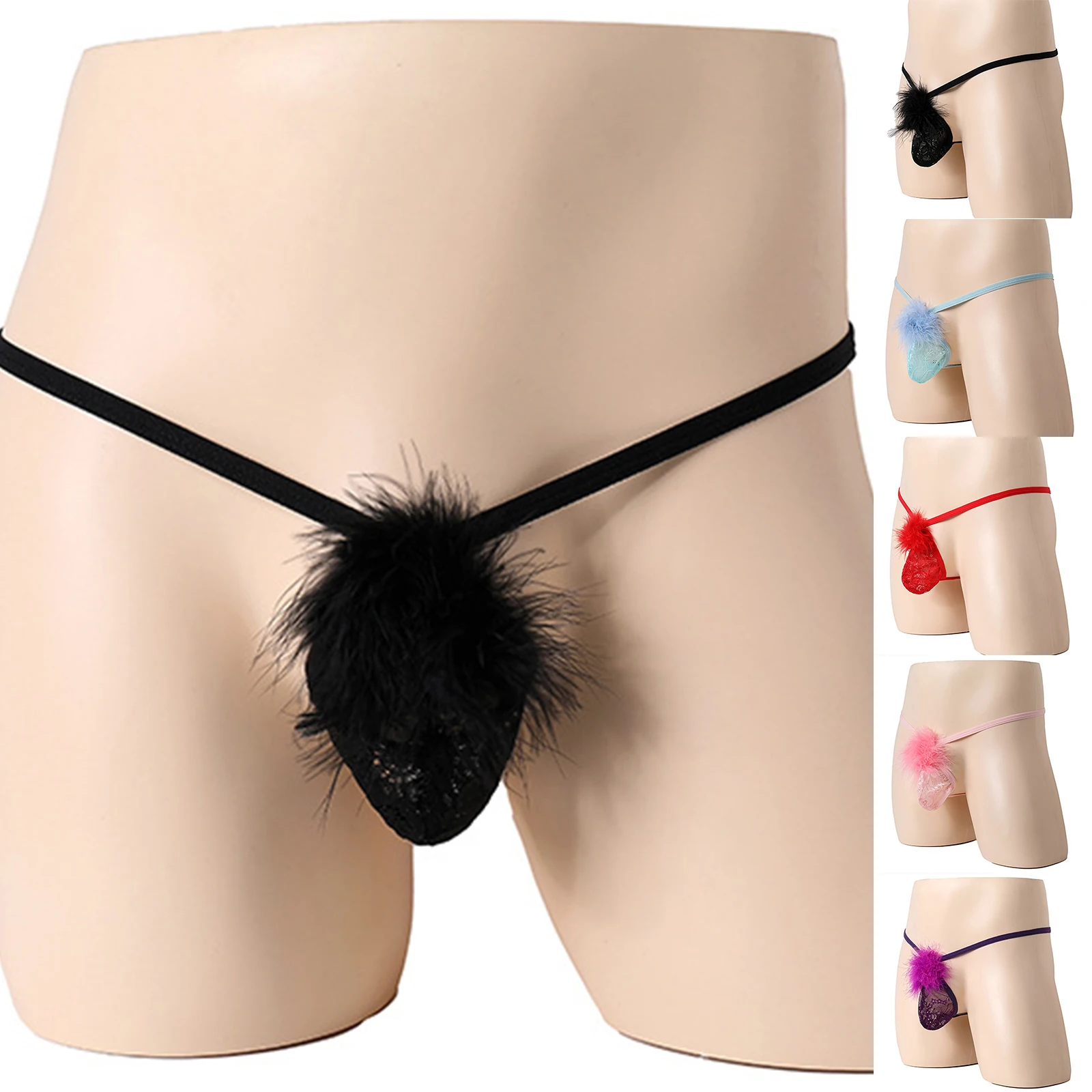 

Sexy Lingerie G-string Underwear Men Gays Thin Elastic Waistband Lace Pouch Fuzzy Thong T-back Butt Flaunting Fun Thongs