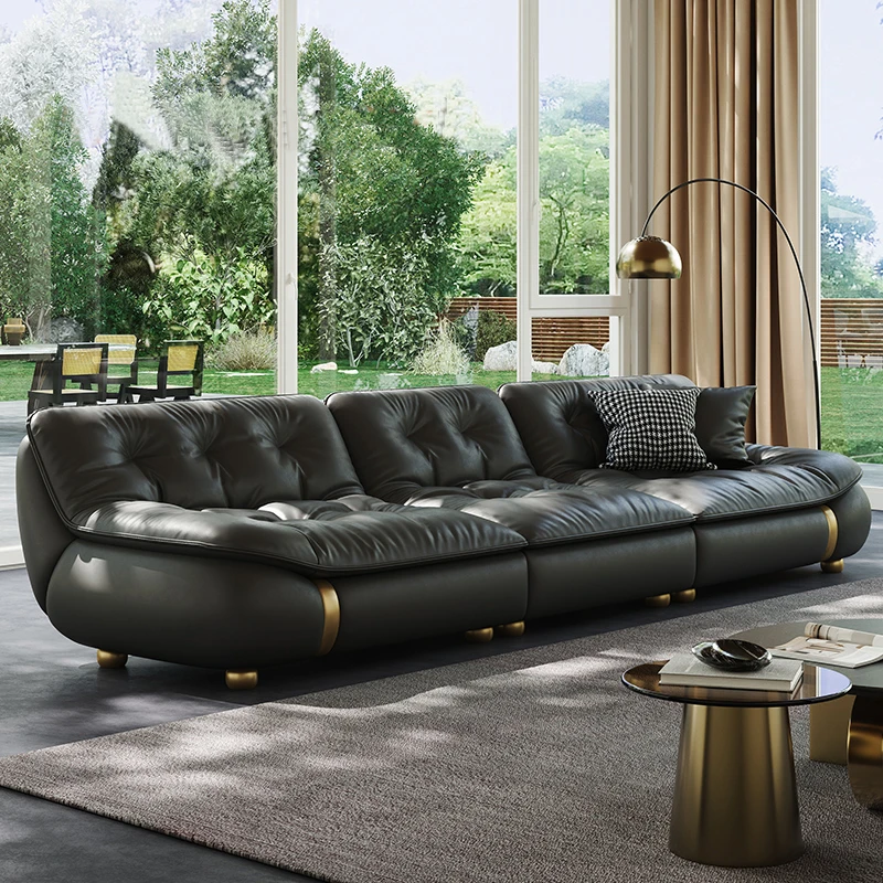 Modern Luxury First Layer Cow Leather Vertical Row Sofa For Living Room Black High-End Design For Sailboat Villa Mansion