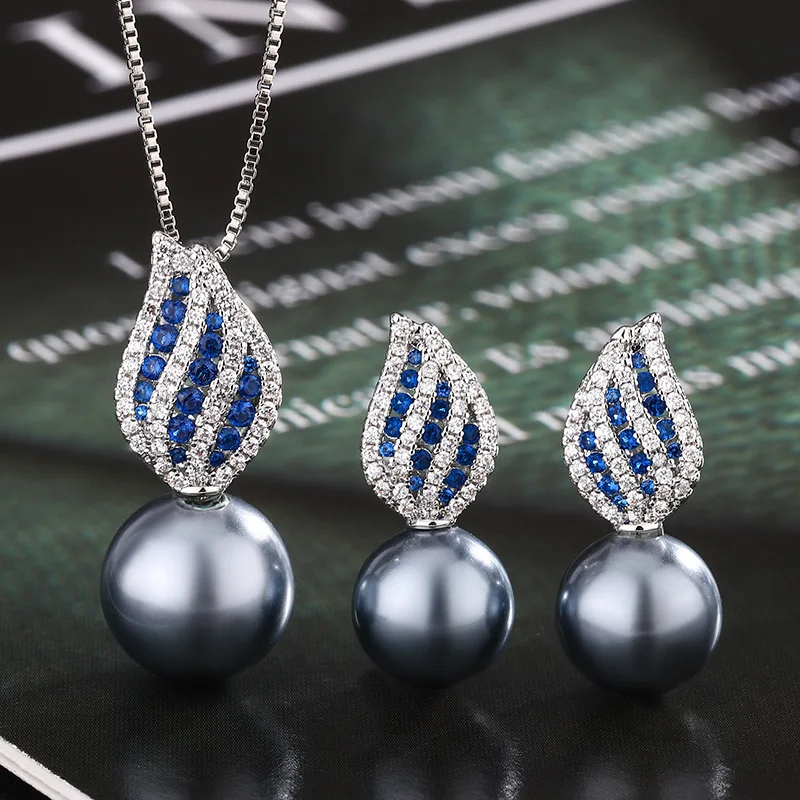 

Natural Pearl Set Necklace Earrings Studs Blue Zircon Platinum Gray Pearl