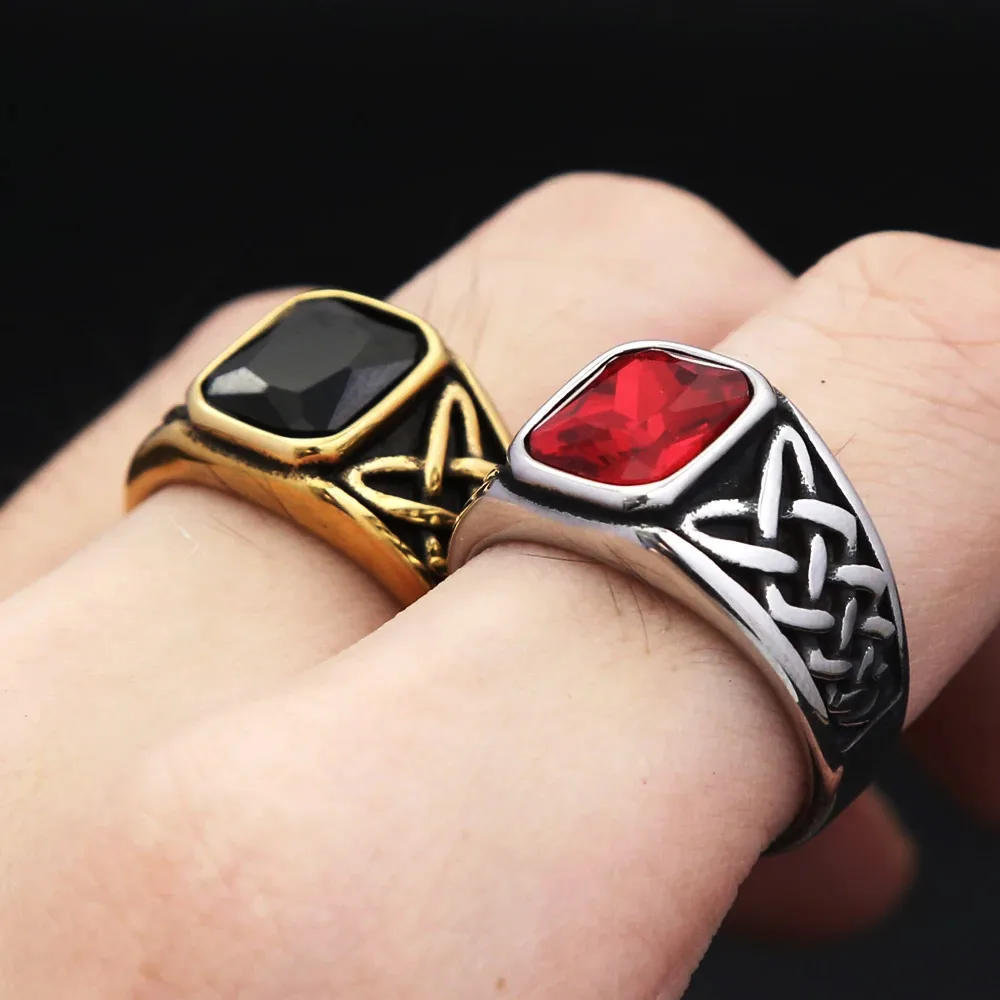 Retro Nordic Celtic Knot Square Ruby Stone Engraved Ring 316L Stainless Steel Fashionable Mens Jewelry Party Specific Jewelry