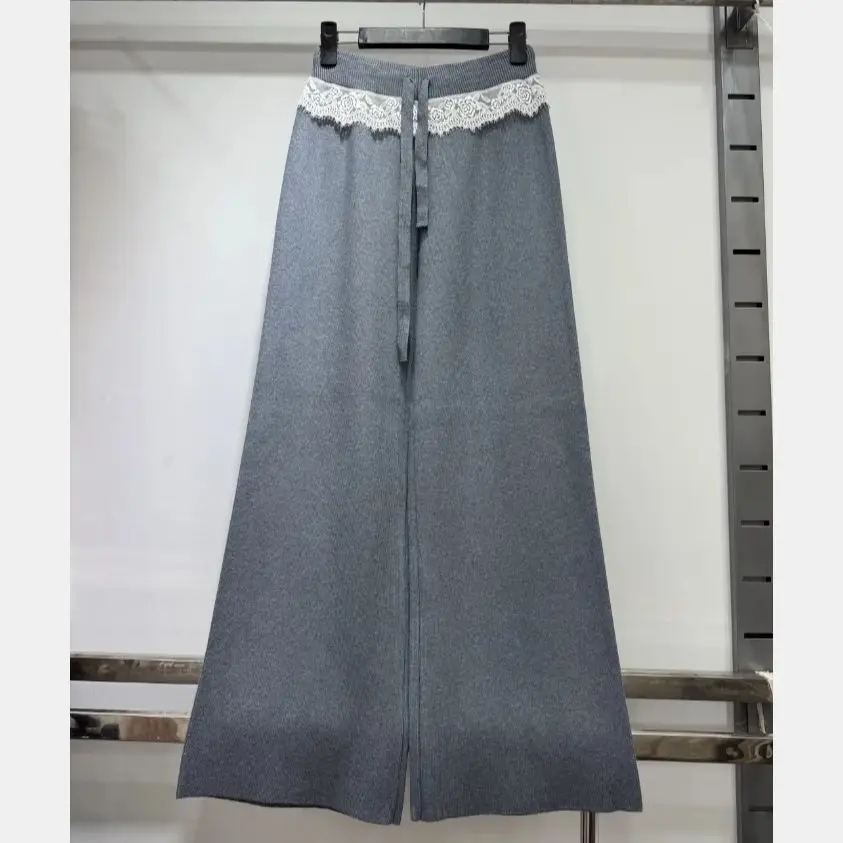 새로운 가을 니트 넓은 다리 바지 여성 캐주얼 레이스 패치 워크 탄성 허리 Drawstring 운동복 우아한 바지 의류