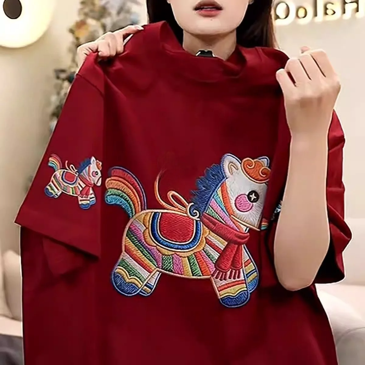 

Summer Large Size 300 Pounds Fashionable Print Short Sleeve T-Shirt Men 2026 Year Match Red Pure Cotton Top Men