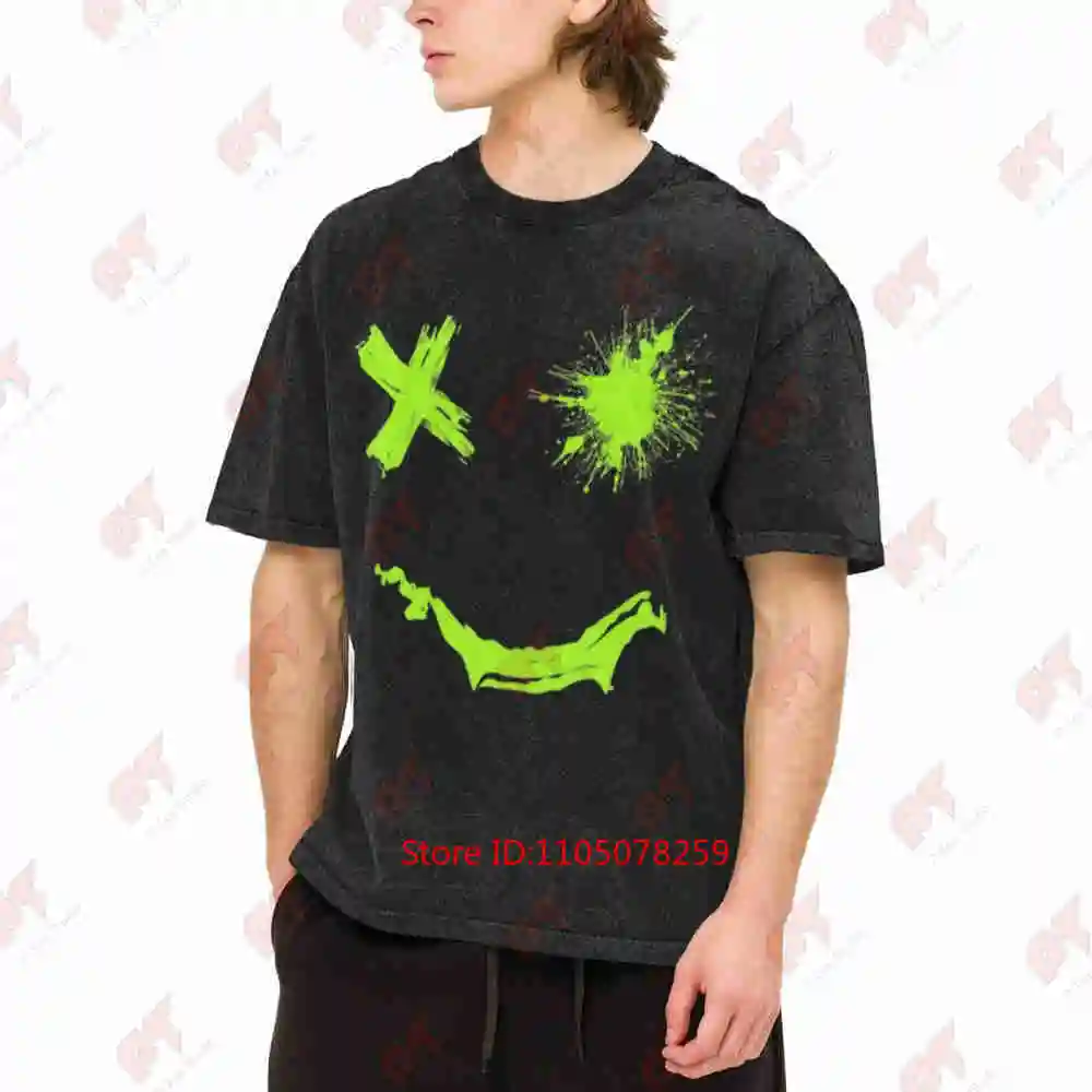 Neon Green Glow In The Dark Reactive Fluorescent Print Joyful Face Vintage Washed Tee Pure Cotton T-Shirt