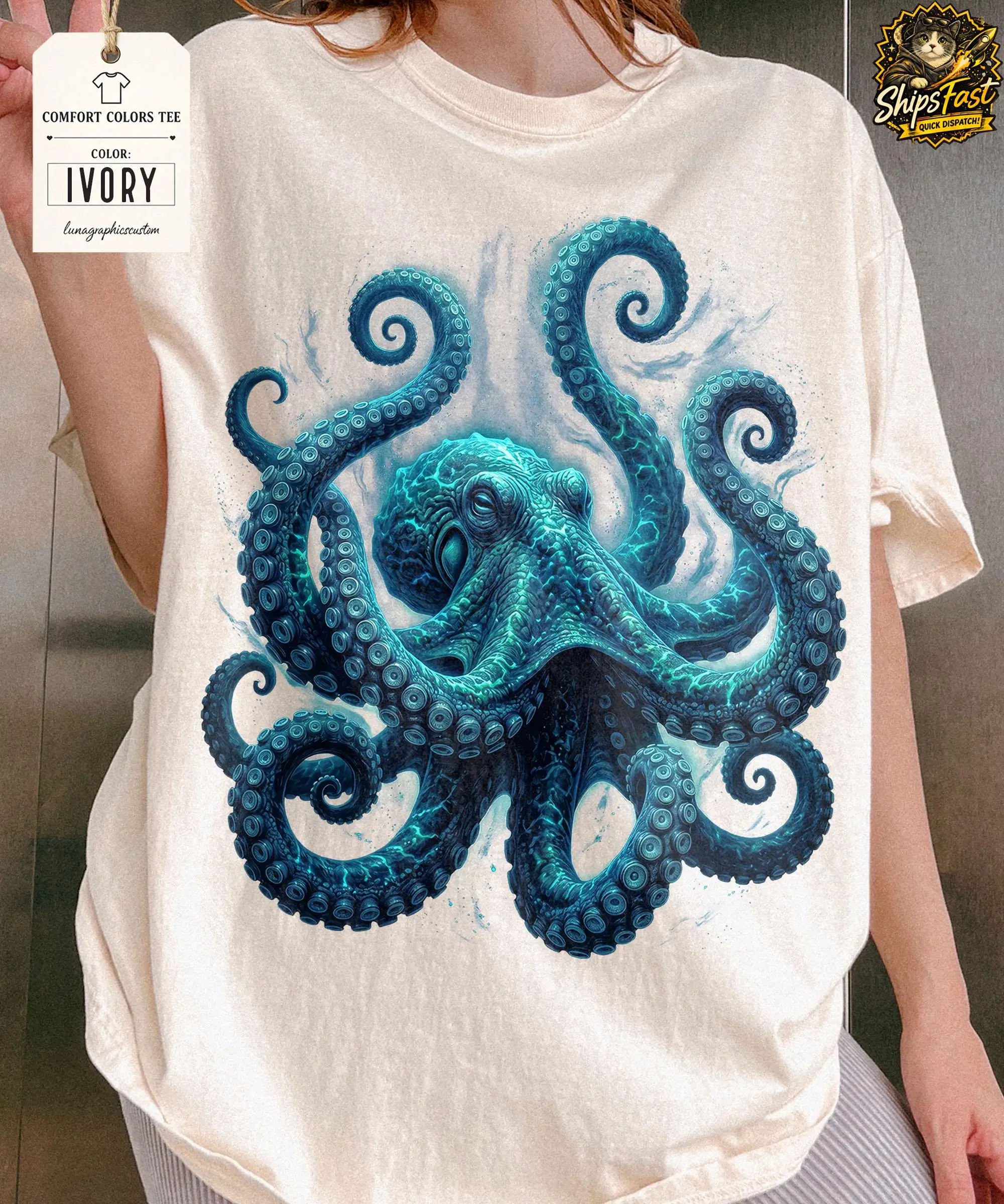 Giant Octopus Shirt, Vintage Sea Creature Graphic Tee, Retro Ocean Animal T Shirt, Coastal Marine Life Gift Top