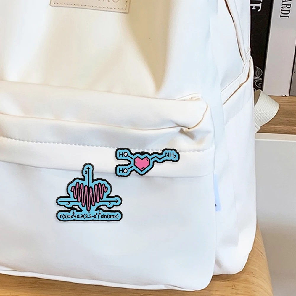 4 Styles Funny Blue Heart Scientific Formula Enamel Brooches P=M/V Chemical Structural Formula Math Shaped Pins Student Badge