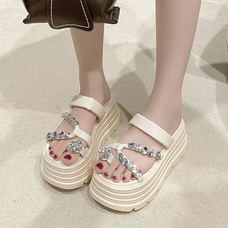 الصيف الفاخرة كريستال منصة النعال النساء السيدات الشاطئ الوجه يتخبط موضة بلينغ مكتنزة النعال عالية منصة أحذية من الجلد #6