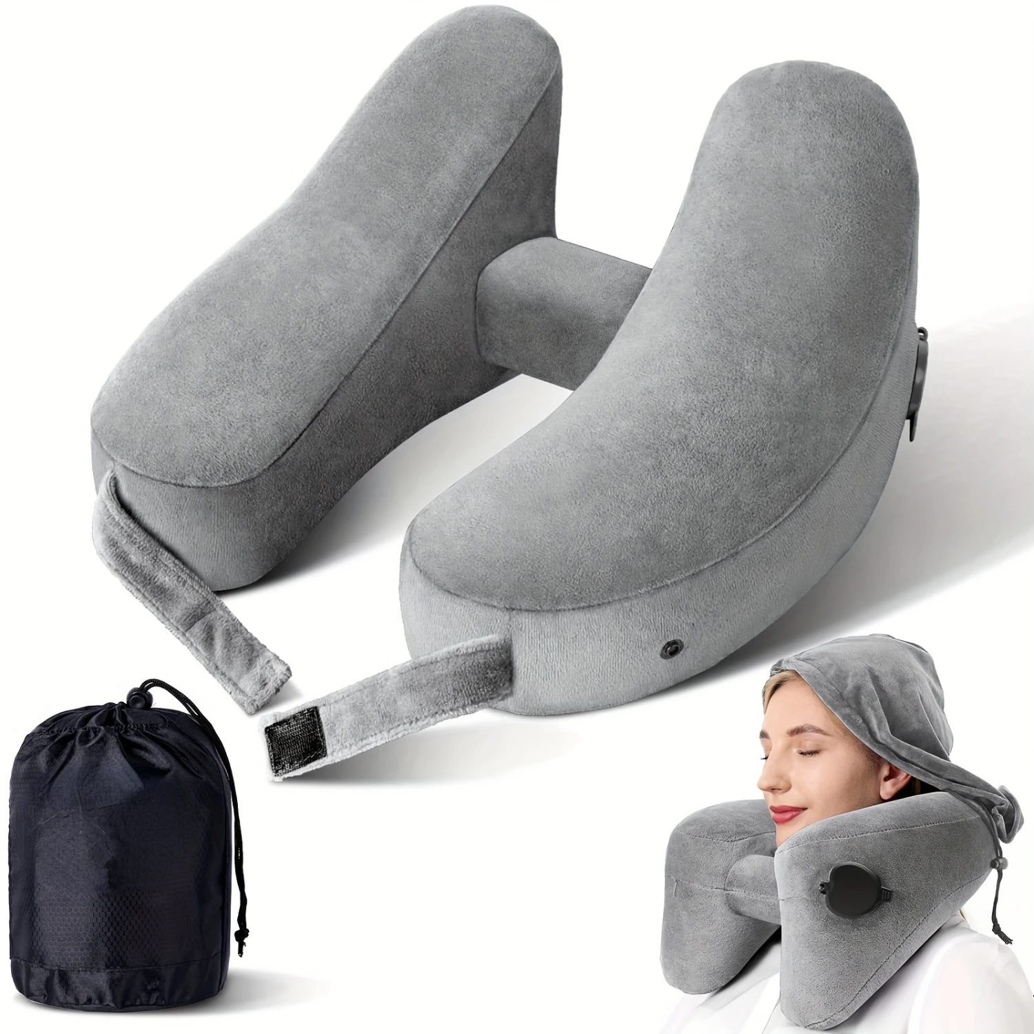 

Inflatable Travel Neck Pillow - Ultimate Comfort & Support for Head, Neck, Chin - Soft Velour Cover, Easy Inflate, Portable - Id