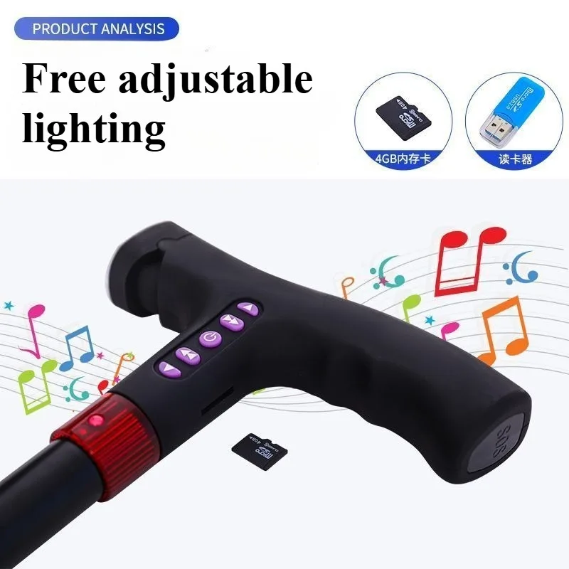 CaneMulti-functionalSmart إنذار تلقائي غير قابل للانزلاق المسنين أربعة أرجل قابل للسحب قابلة للشحن مصباح يدوي راديو حجم قابل للتعديل