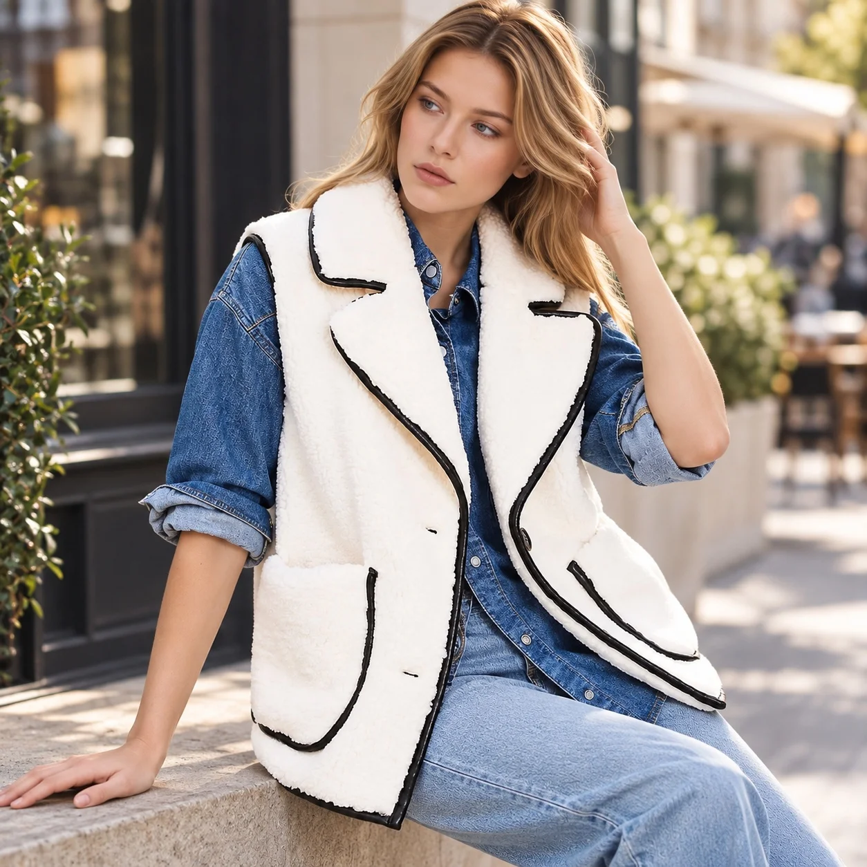 Loose Fit Turn Down Collar Vest Short Length Japanese Korean Casual Sleeveless Buttonless Front Women Vest with Pocket Detail
