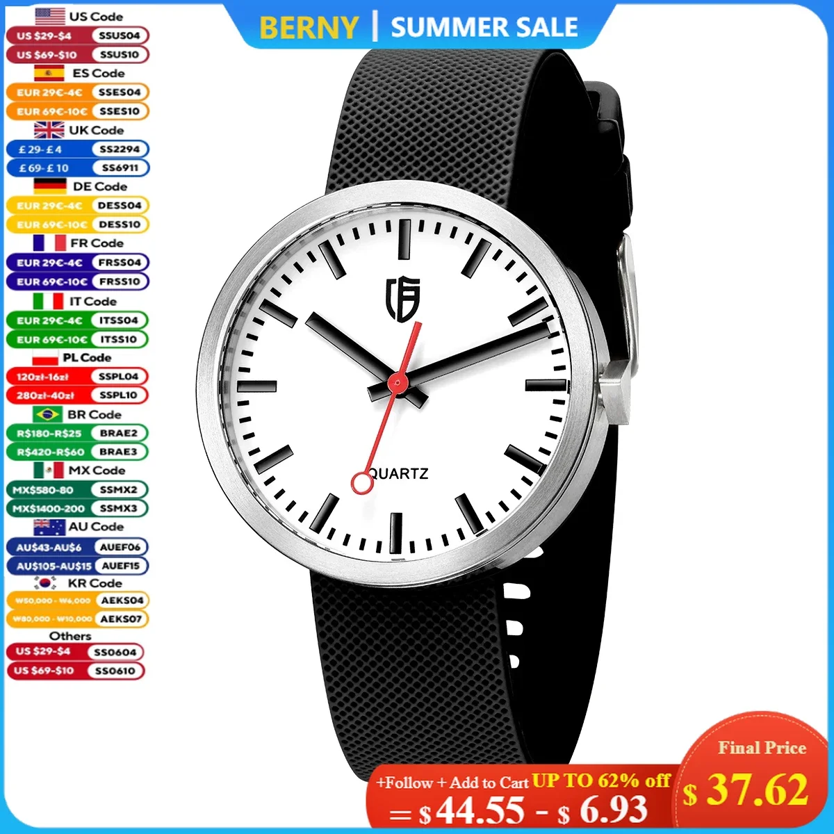 

BERNY Watch for Men/Ladies 38mm Luminous Dial Sports Quartz Wristwatch Sapphire 5ATM Waterproof Silicone Railway Watches