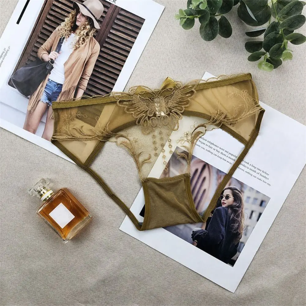 Low Waist Bowknot Lace Hollow Briefs Thin Leaf Flower Mesh Transparent Panties Underpants Open Cotton Crotch