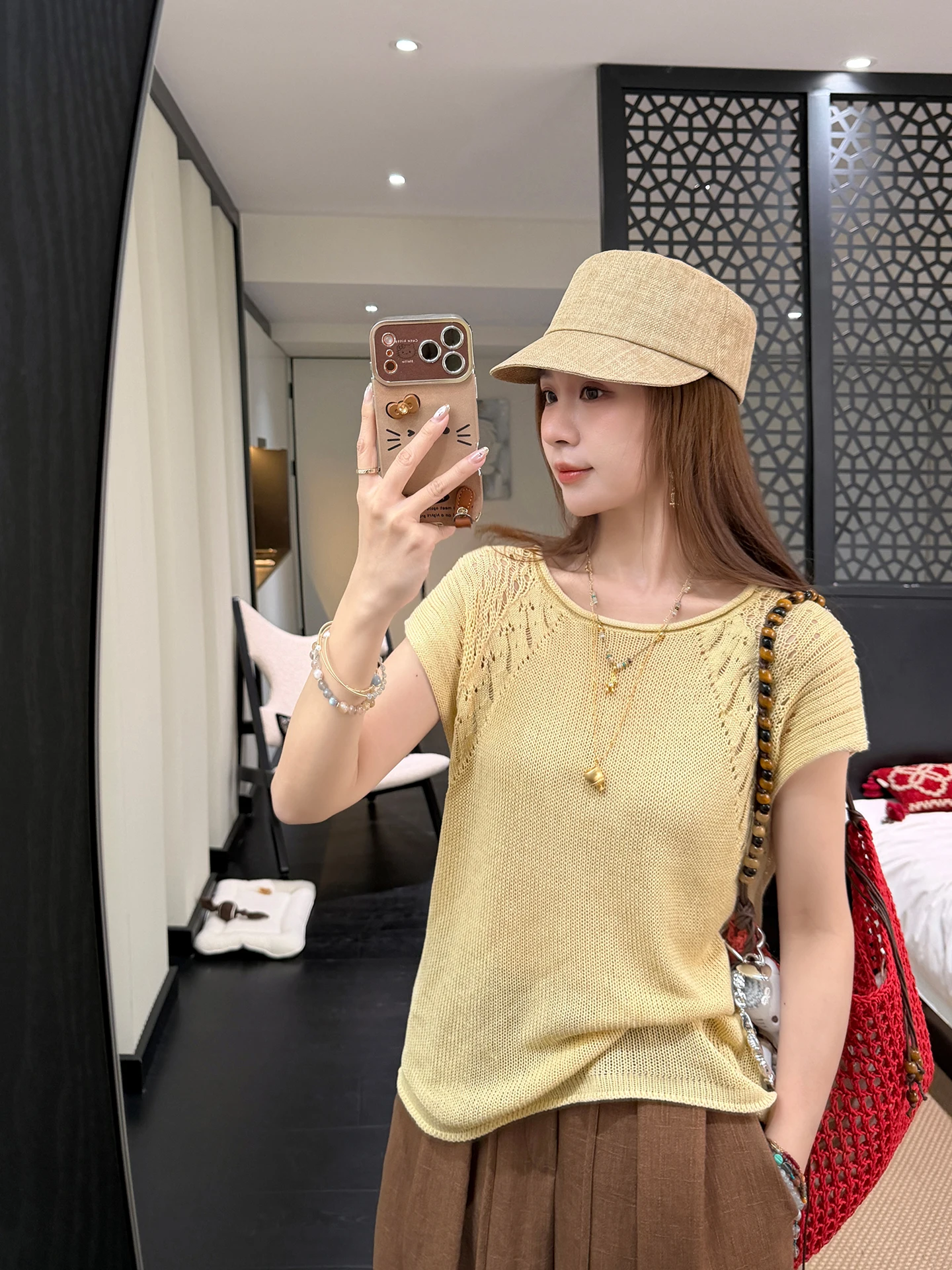 

Yellow Linen Lyocell Loose Knitted Sweater Soft Korean Style Commute Fashion Regular Fit Hollow out Short Sleeve round Neck