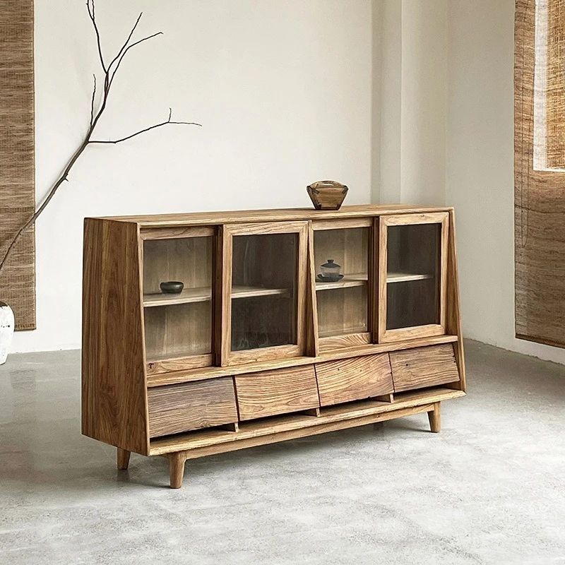 wabi-sabi wind old elm dining side cabinet, solid wood living room multi-functional glass storage cabinet
