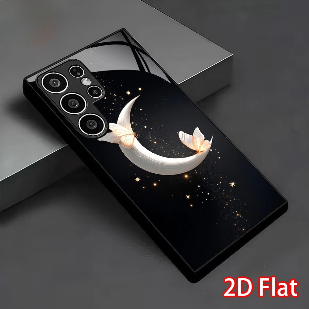 Moon Butterfly Starry Sky Pattern Glass Phone Case Suitable for Samsung Galaxy S26 S25 S24 S22 S21 S20 FE/Ultra/Plus Anti Drop