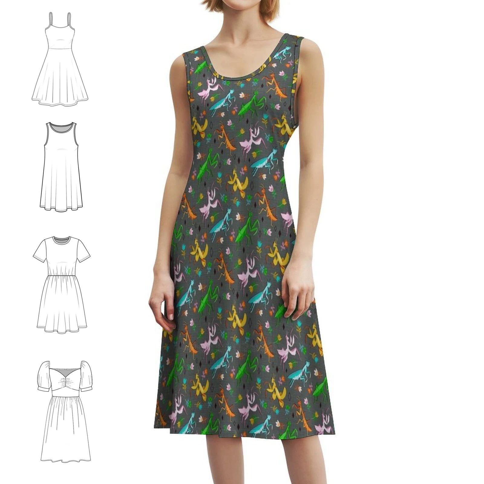 

An Unordinary Array Of Praying Mantises-Grey Korean Style Dress For Women Elegant Casual Dress For Party Or Daily Wear Mantis