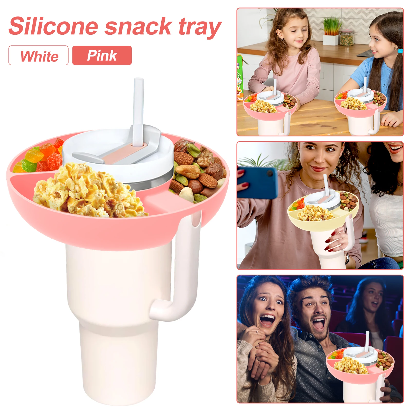 Snack Bowl for 40oz Tumbler 3 Compartments Tumbler Snack Tray Food Grade Silicone Cup Snack Container 1.8 Inch Deep Snack Ring