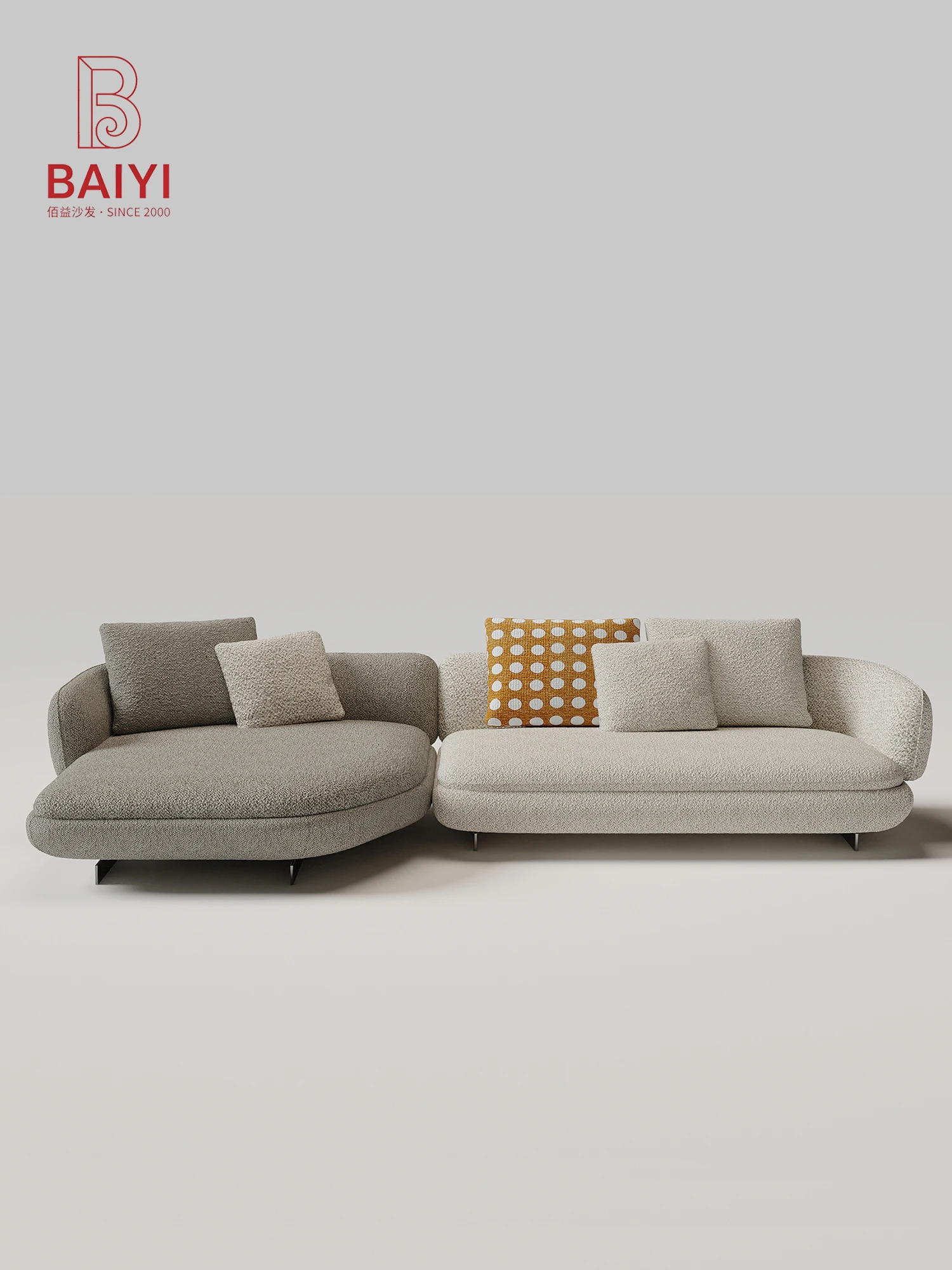 Two Tone Boucle Curved Modular Sofa Ivory And Olive Green 2 Piece Dialogue Design Metal Legs For Living Room Villa Bedroom