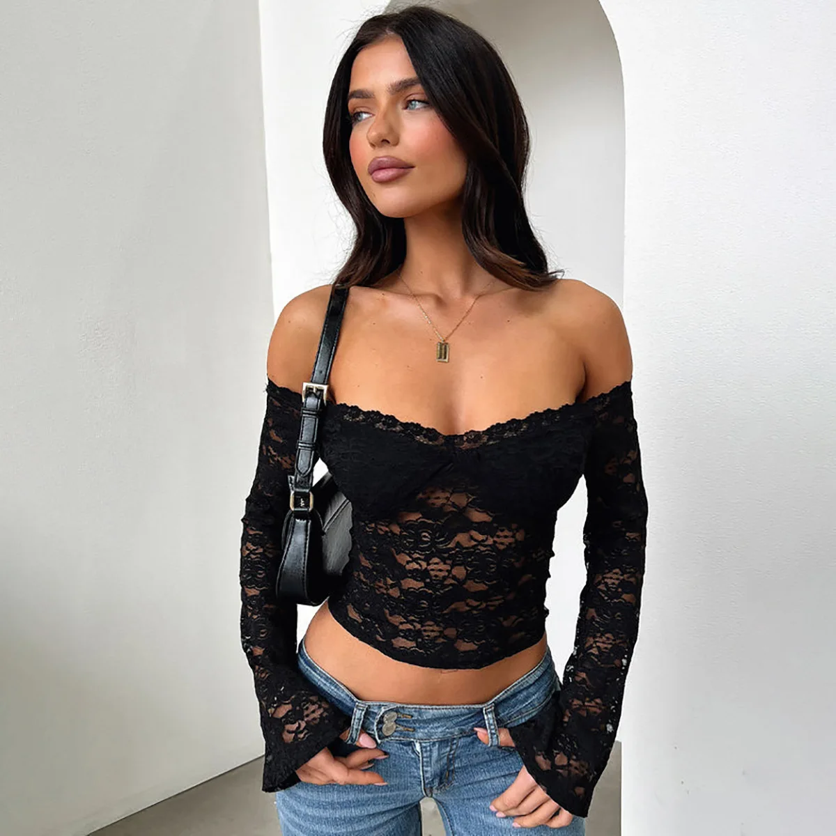 

2024 autumn women's new fashion slim-fit lace long-sleeved short top Z268