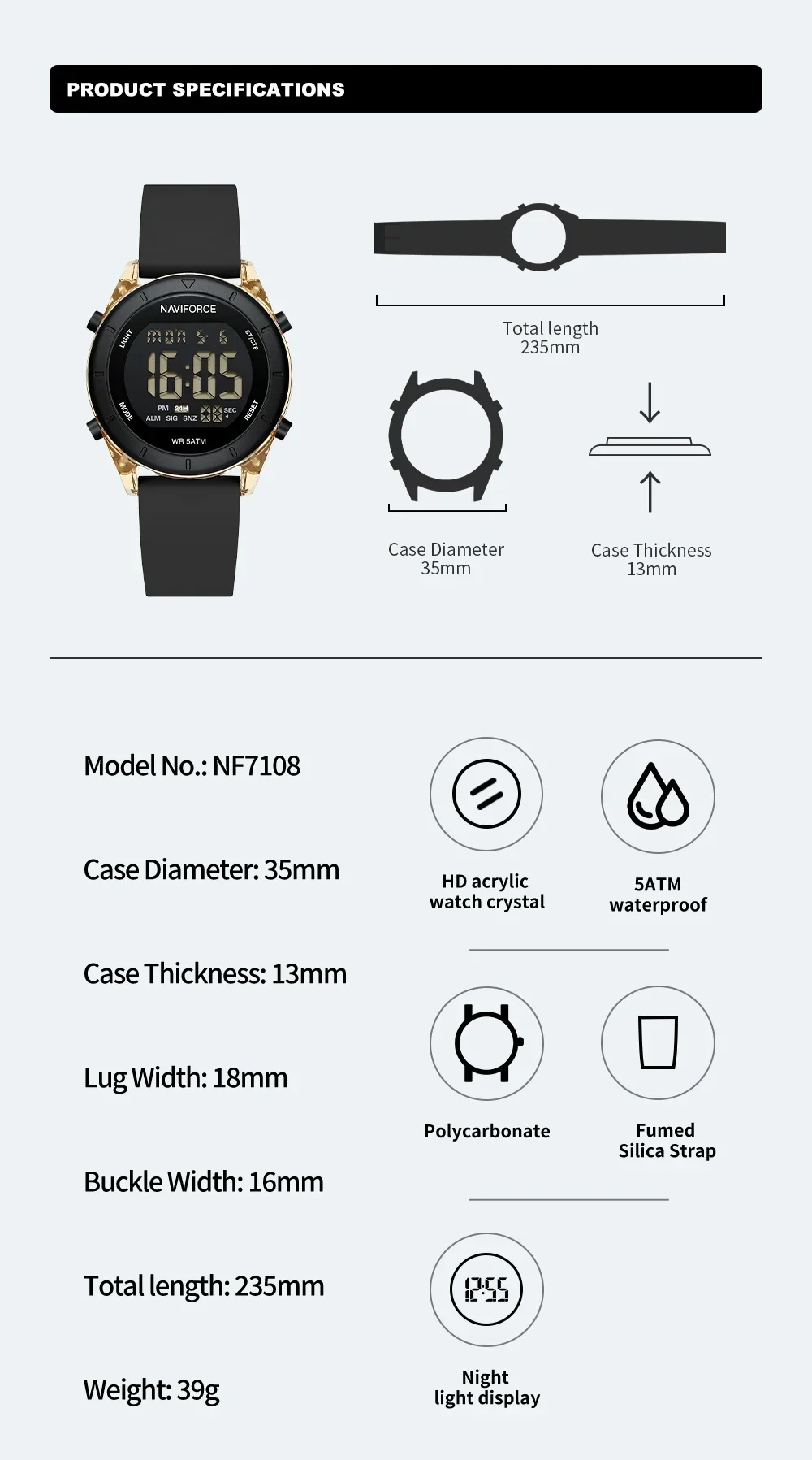 NAVIFORCE NF7108 Brand LCD Digital Business 5ATM Water Resistant Clock Silicone Strap Electronic Wristwatch