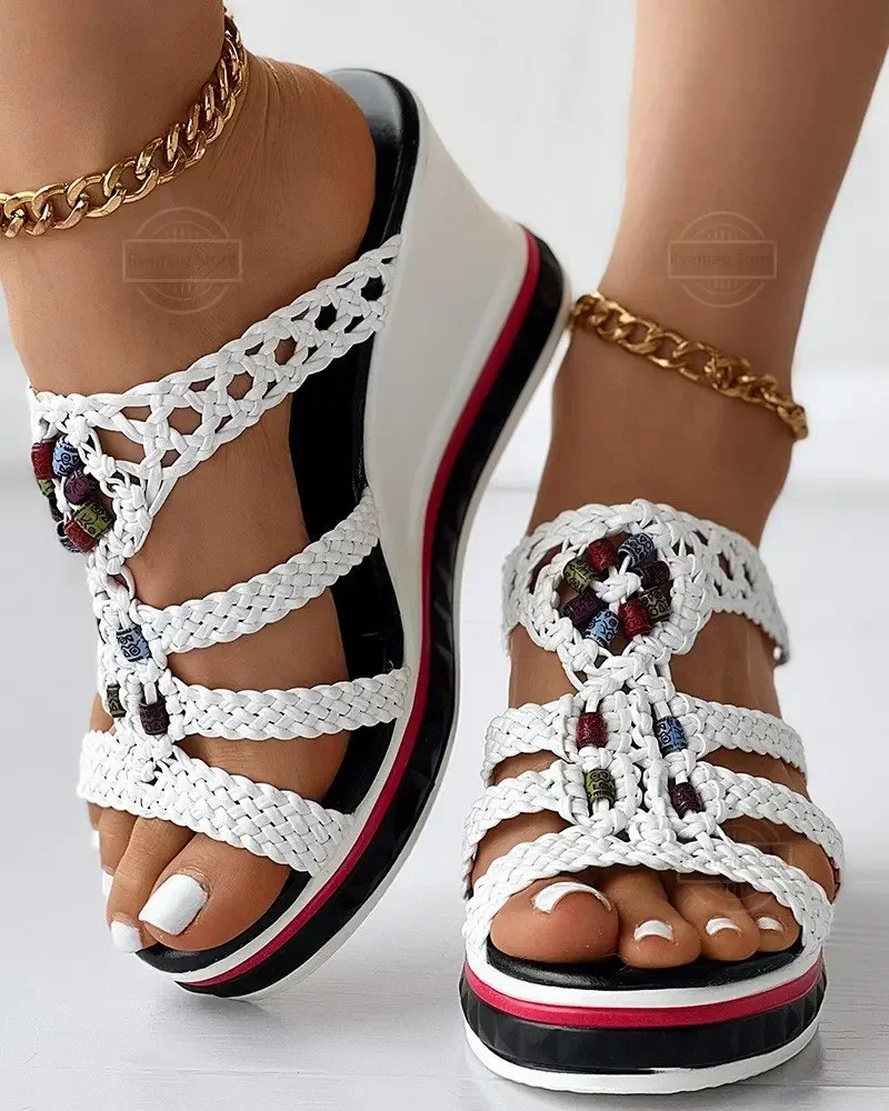 Sandals Flip Flops Women Colorful Beaded Braided Wedge Shoes Beads Slippers Platform Summer Shoes Wedges Ladies