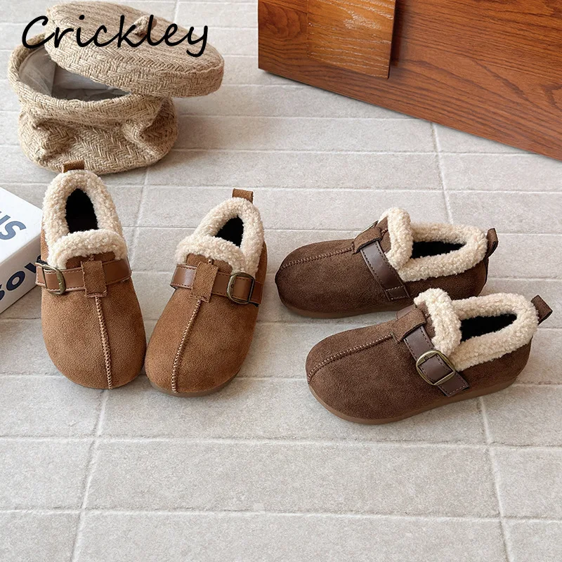 

Solid Buckle Kids Flats Shoes Winter PU Leather Hook Loop Girls Casual Shoes Warm Plush Soft Bottom Children Winter Shoes