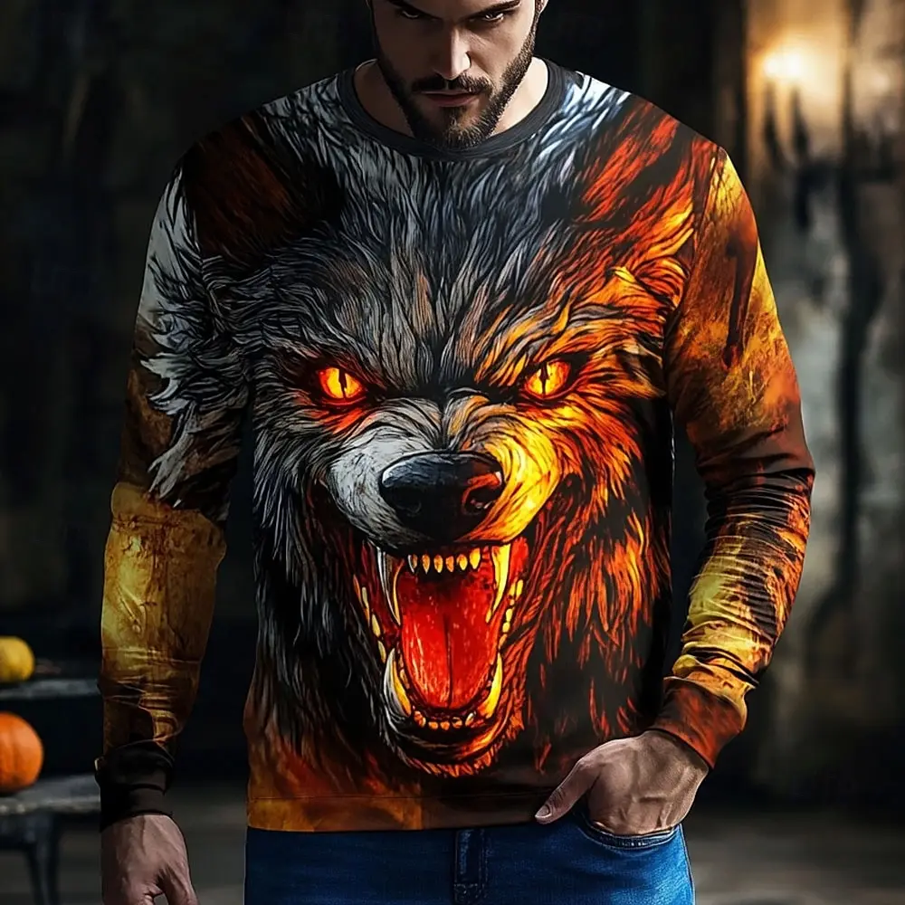 

2025 Fall Halloween Werewolf Printed Long Sleeve T-Shirts for Men Trendy Streetwear Casual Tops Halloween Theme Casual Tees