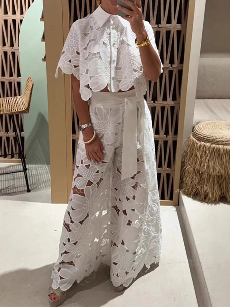 

Sexy Hollow Out Turn Down Collar 2PCS Outfit, Women Spring Summer Half Sleeve Matching Set, 2025 Wide Leg Pants Lady Casual Suit