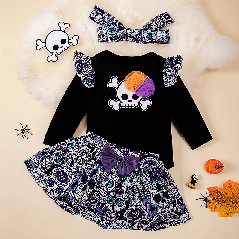 

Halloween Girl's New Skull Bow Print Cartoon Cute Long Sleeved Cosplay Crawling Clothes Half Skirt Two-Piece Set