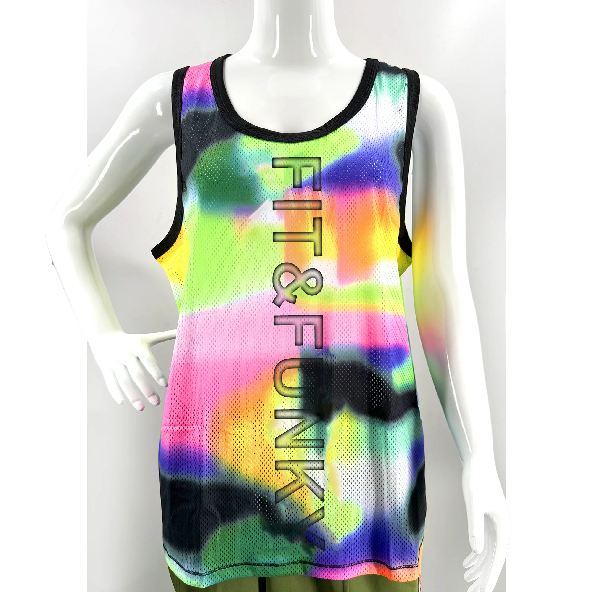 New Arrived Fit Funky Group Dance Tight Stretch vest   mesh tank rainbow   0048