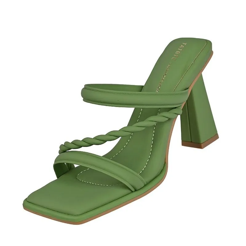 

Fashion One-piece Slippers for Women in Summer Square Heel High Heels 2025 New Square Toe Style Cool Slippers zapatos de mujer