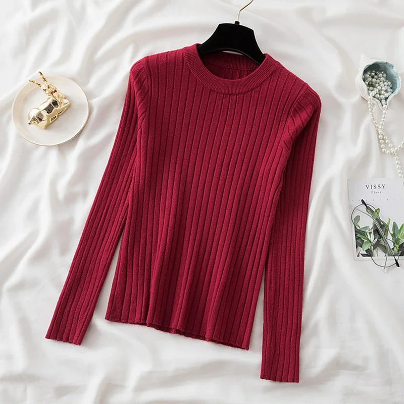 New 2024 Pullover Sweater for Women Autumn Long Sleeve Skinny Sweaters Shirts Korean Simple Basic Jumper Winter Solid Color Top