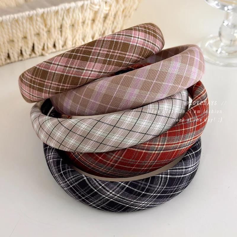1pc Vintage Forest Style Pink Plaid Headband Soft Sponge Fabric Hair Hoop for Women High Crown Volume Lifting Daily Outing