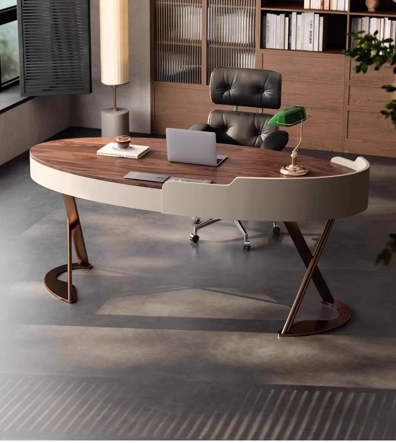 

High-end solid wood desk light luxury modern simple saddle leather walnut leather office computer desk