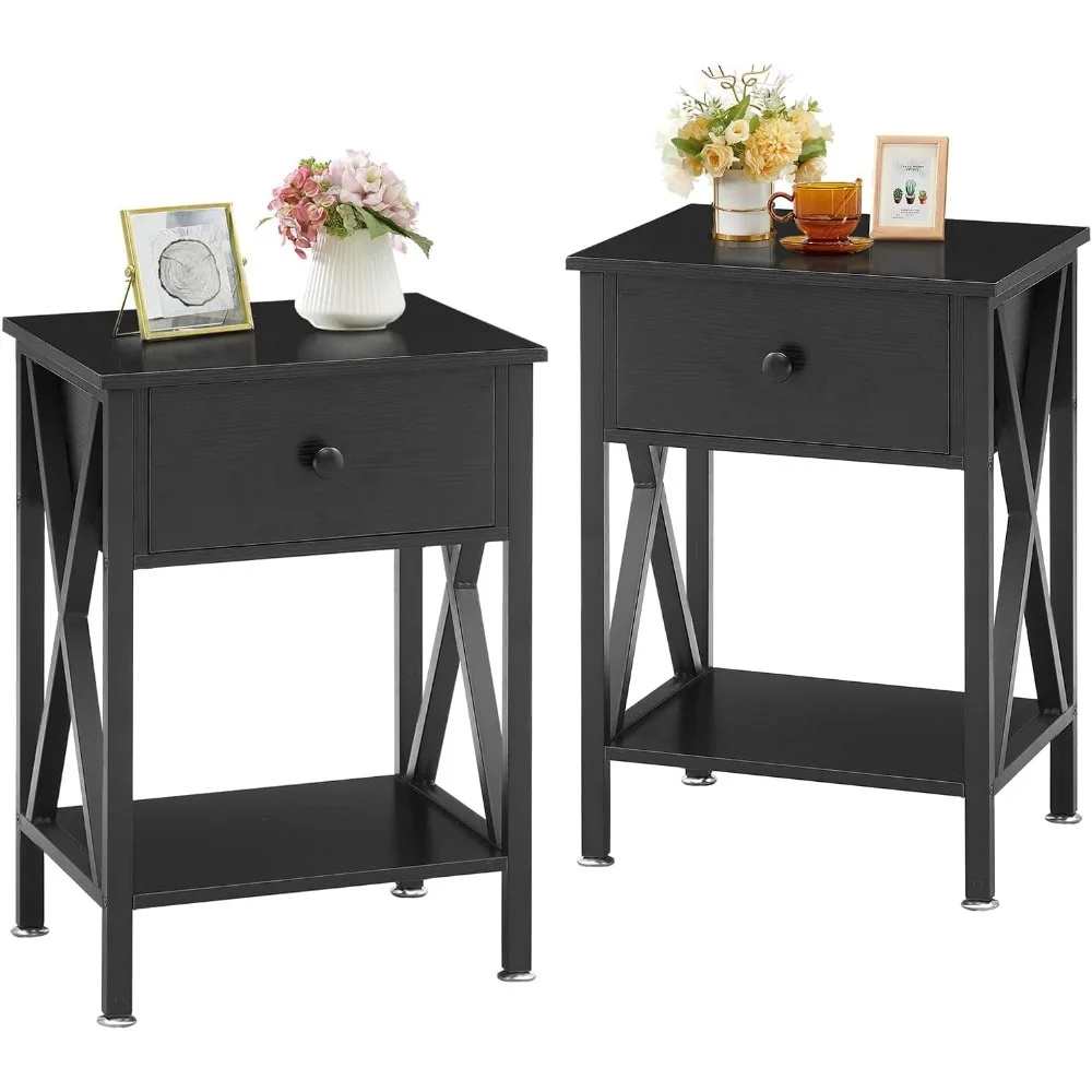 

Set of 2 Night Stands for Bedroom Rustic Bedside End Tables with Drawer Storage, Nightstand