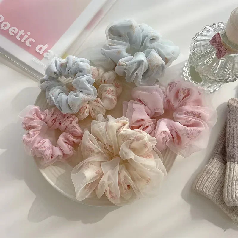 Fotografia 5: Elástico de Cabelo Grande com Laço Duplo de Tela Estilo Francês para Meninas, com Flores e Laço Grande de Tecido para Coque