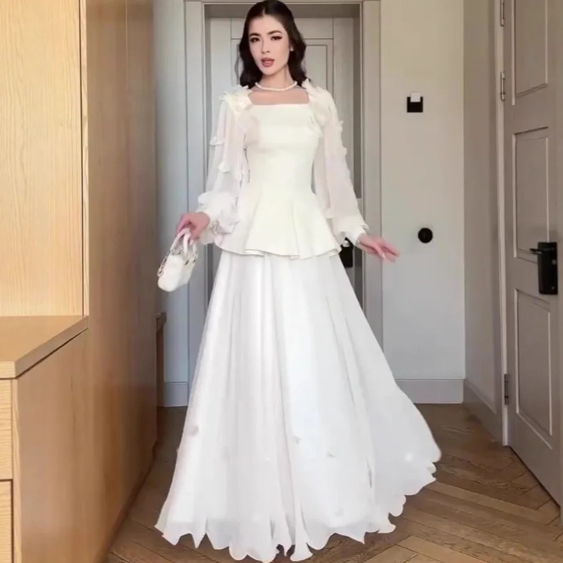 

2026 Spring Dress 2 Piece Set Elegant Vintage Sweet Beige Flowers Chiffon A-Line Formal Occasion Prom Dress Evening Party Gowns