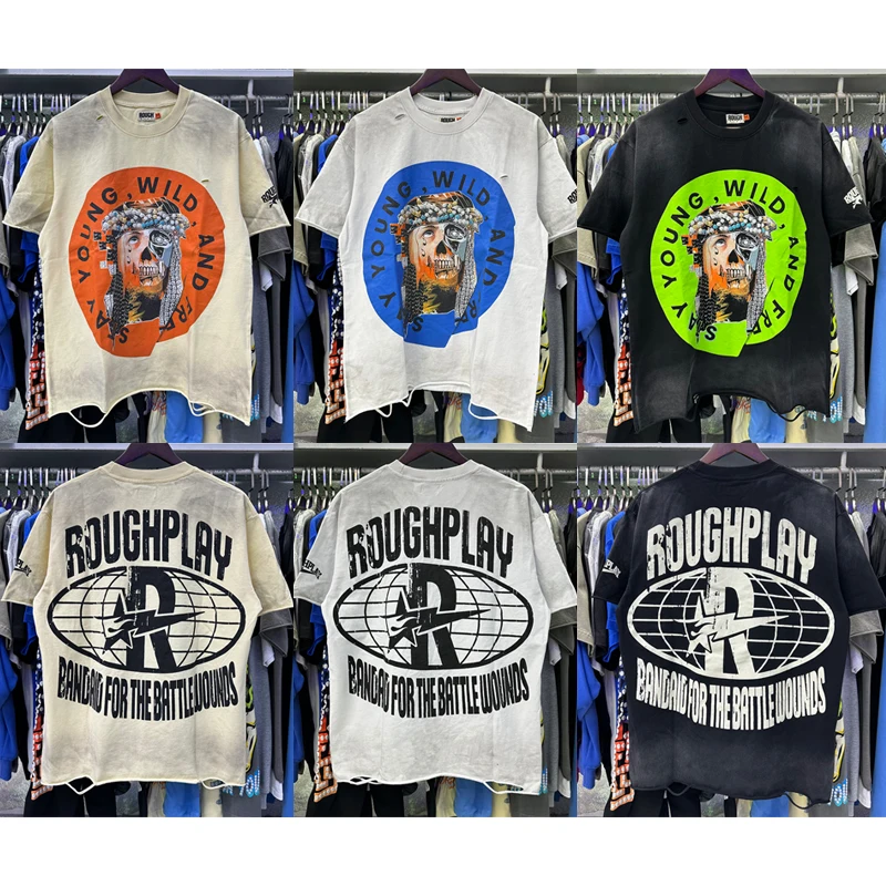 

Real Photo Rough Play Short Sleeve American-style Print Ripped Hole Washed Old T-shirts ROUGHPLAY Top Tee Unisex