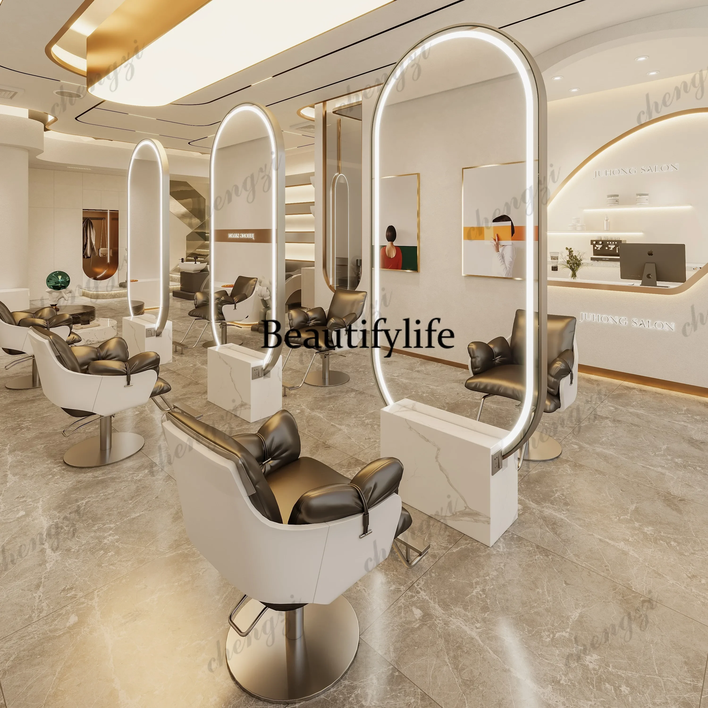 h178Double-sided hairdressing mirror table marble base stainless steel frame floor mirror