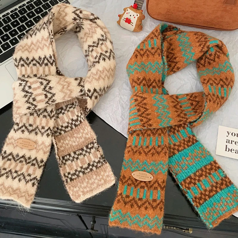 

Узкий маленький зимний шарф 9*160 см, женский шарф из мохера, вязаный шерстяной шарф Y2K, стильный полосатый цветной теплый шарф на шею