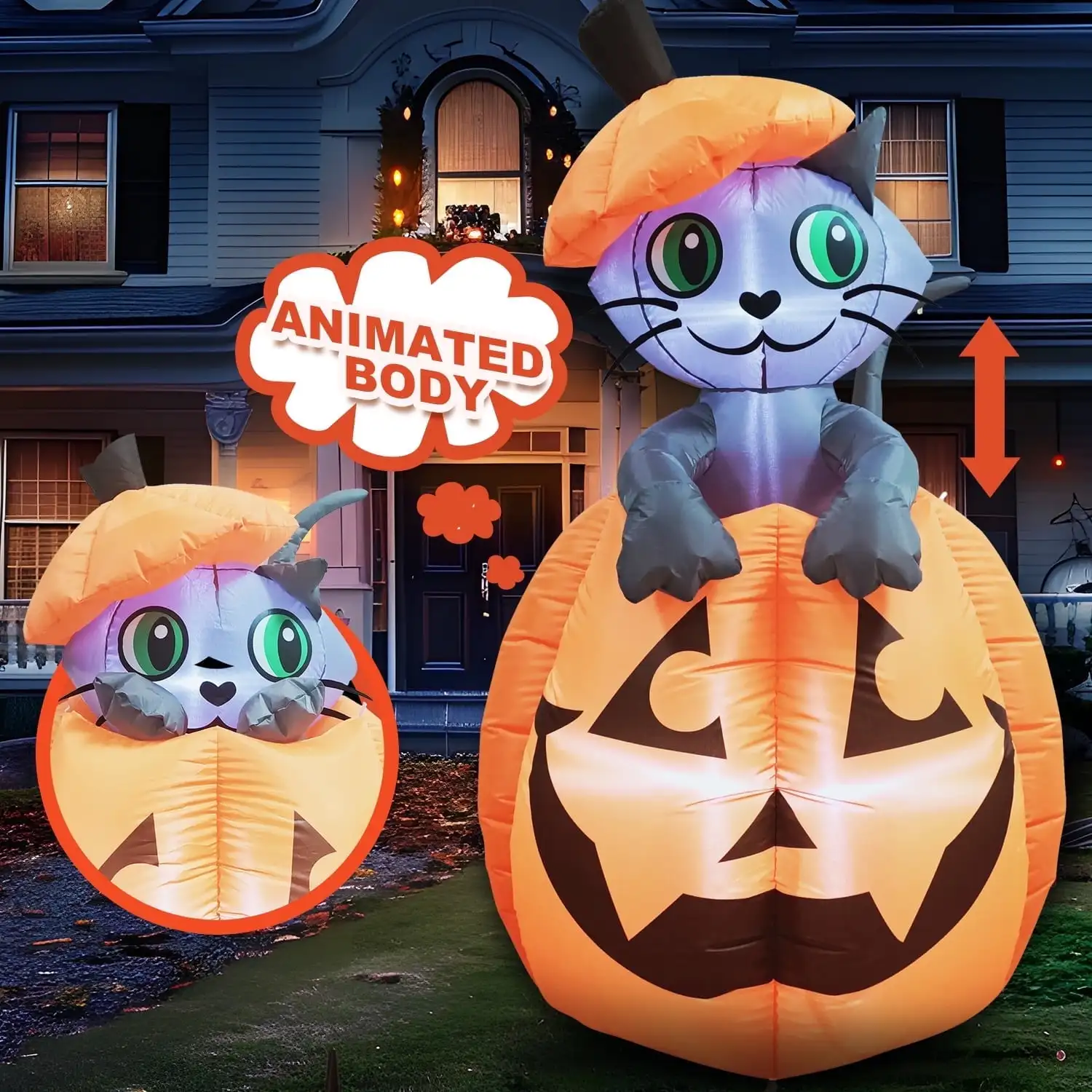 Joyfy 5 pieds animé Kitty chat Halloween gonflable sur citrouille décoration extérieure Halloween gonflable cour pelouse gonflable