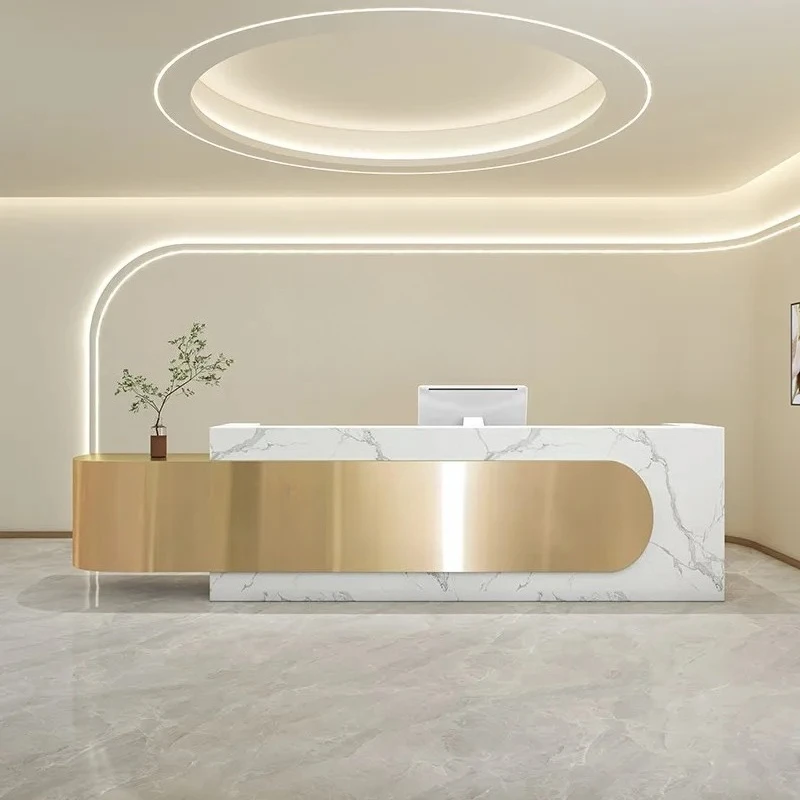 #Customized Classic Desk Table Trendy Luxury Exquisite Glamour Reception Desk Unique Design Empfangs Theke Office Furniture