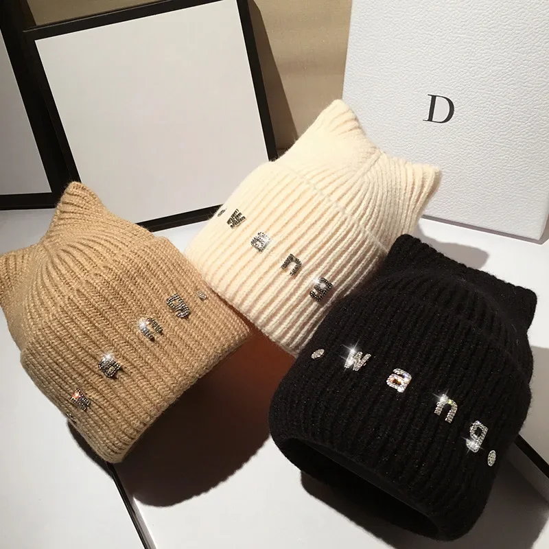 

Winter diamond women's autumn cat ears rhinestone knitted hat beanie knitted rhinestone skull hat