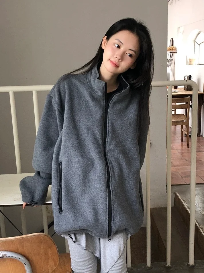 

Корейский свитер Sle Salt System Thiened, двусторонний Fce ey, свободный длинный свитер с воротником-стойкой на молнии, Jaet Wome...