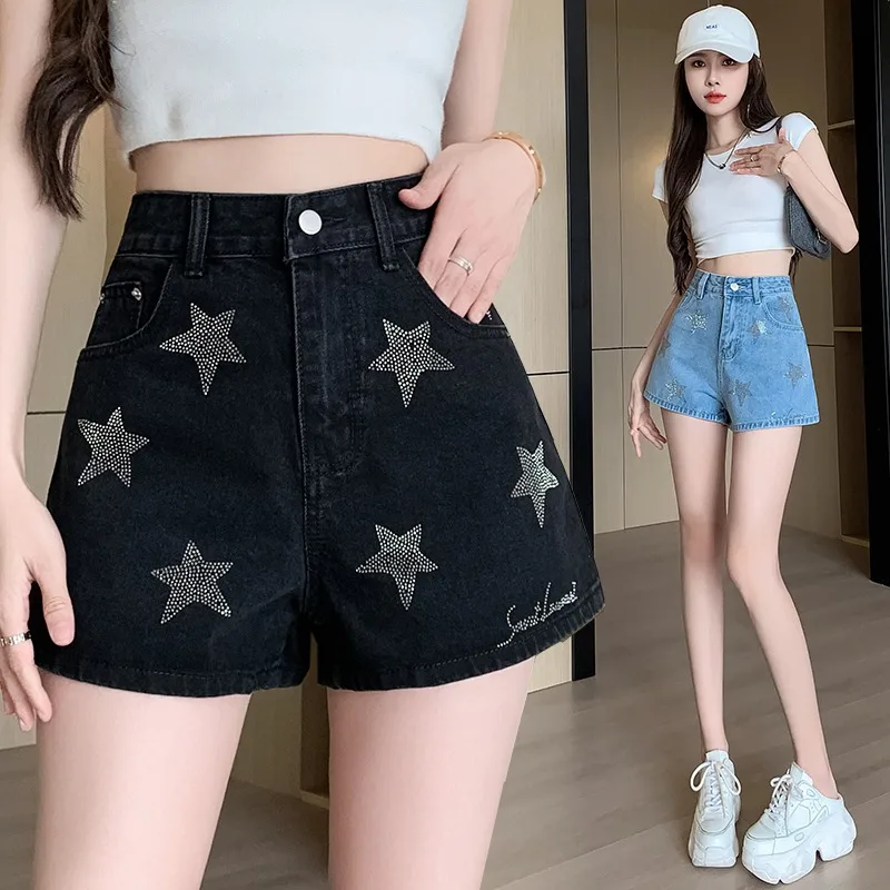 Korean Fashion Diamond Star Denim Shorts Women Contrast Color High Waist Spicy Girls Slim Summer Temperament Cool Female Wear