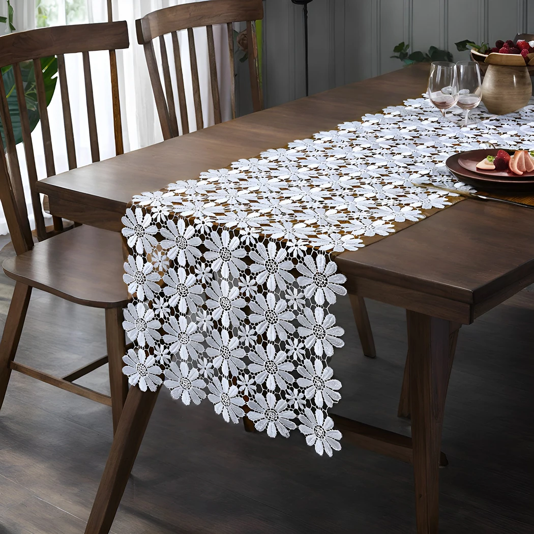 Elegant White Lace Cutout Table Runner Decor Polyester Doily For Coffee Table TV Stand Dining Room Mantel Scarf 15.75